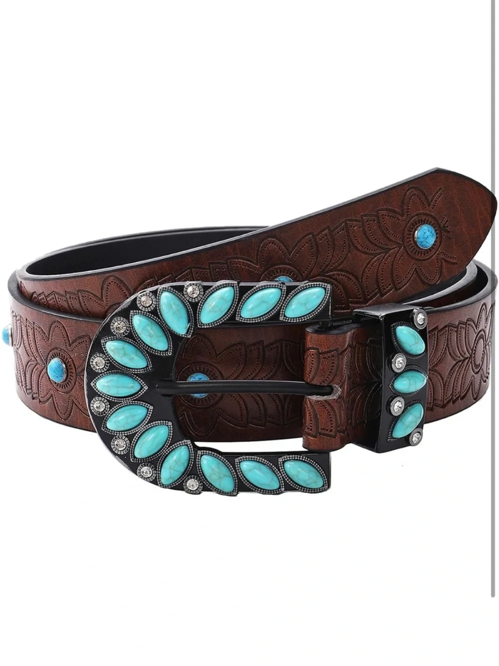 Brown Leather Western Belt with Turquoise Accents